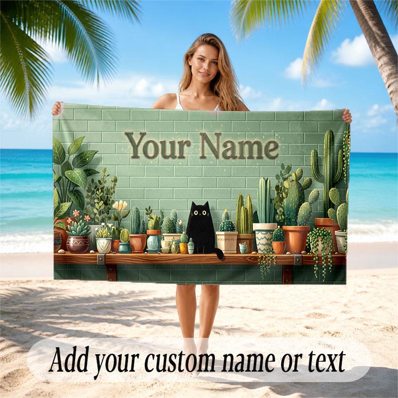 Cat Theme Soft Beach Towel Personalized Custom Name Text Towel Portable for Beach Pool Travel