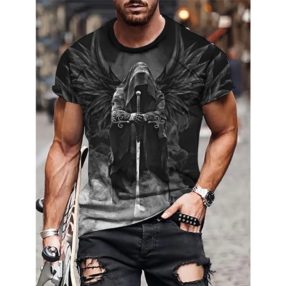 Herren 3D Adler und Wolf Grafik T-Shirt - Lebhafter Mehrfarbdruck, Lässiger Kurzarm, Polyester, Maschinenwaschbar, ÜBERGRÖSSE