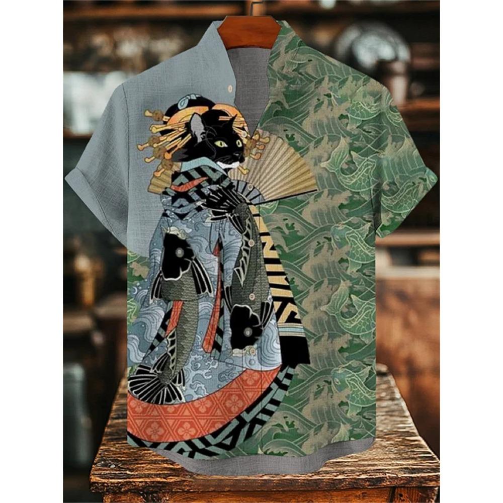 Camicia da Uomo a Maniche Corte con Stampa Ondulata, Design alla Moda, Top Estivo da Uomo, Camicia Hawaiana Casual Trendy per le Vacanze
