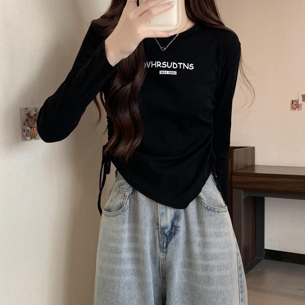 Spring Short Drawstring Top for Women's New Round Neck Inner Bottoming Shirt Fashionable Slim and Long Sleeves