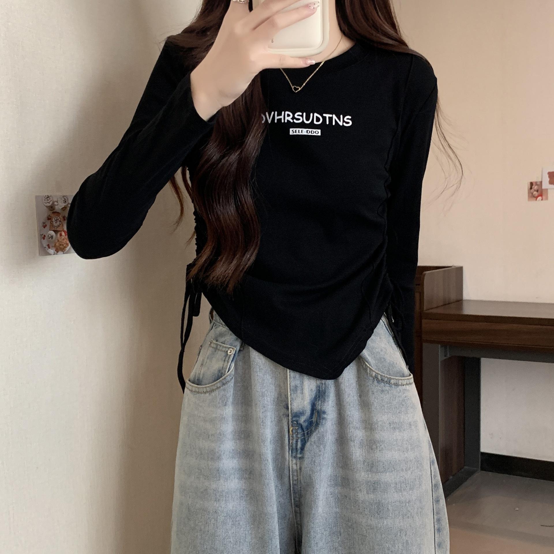 

Весенний короткий топ на шнурке для женщин, новая круглая горловина, внутренняя нижняя часть рубашки, модная, тонкая и с длинными рукавами XL