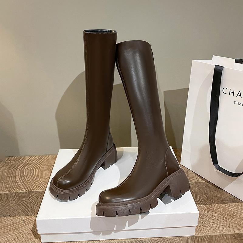 Thick-soled flat-mouth boots 2025 new high boots thick heel but knee fat mm widened rear zipper knight boots