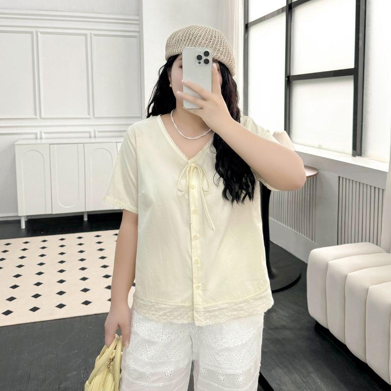 

Plus size women clothing [Sweet Artistic Shirt] Lace V-neck Lace-up Short sleeve Shirts Summer Chubby Girl Top