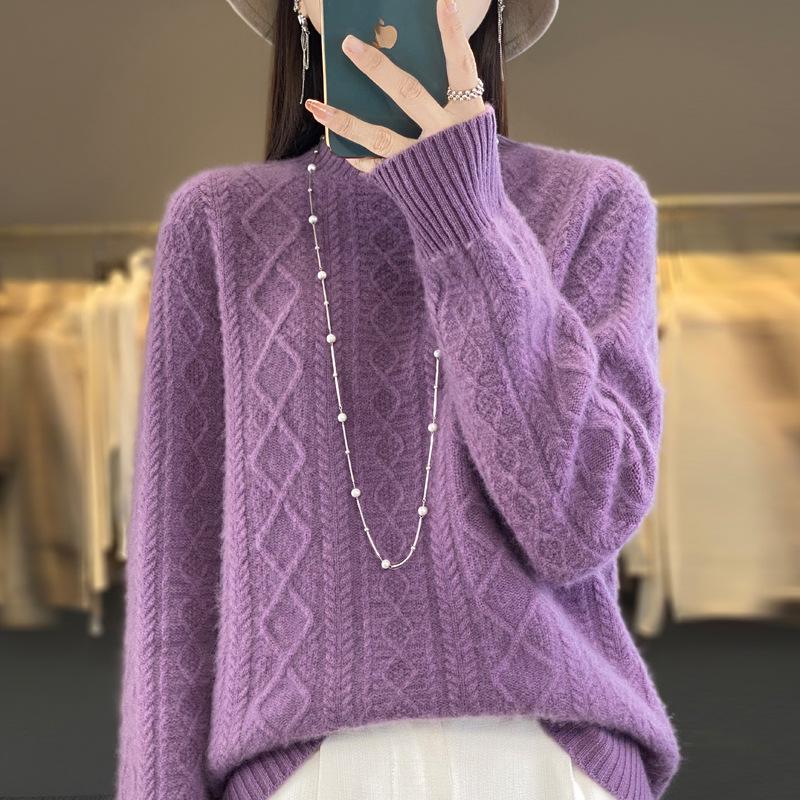 Women's Fashion Pure Wool Cable Knit Turtleneck Sweater for Fall/Winter