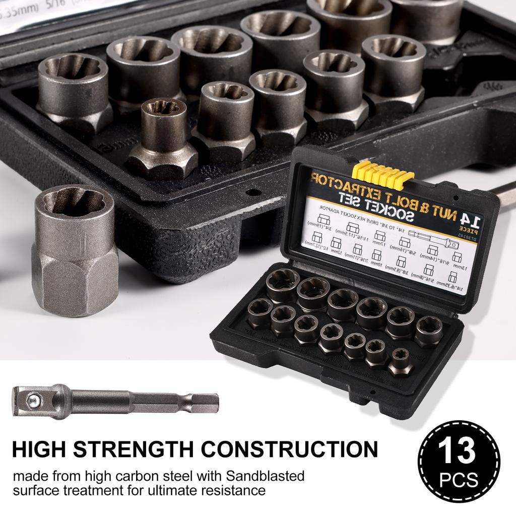 14 piece bolt and nut extractor kit bolt lug nut extractor sleeve tool kit with hexagonal adapter