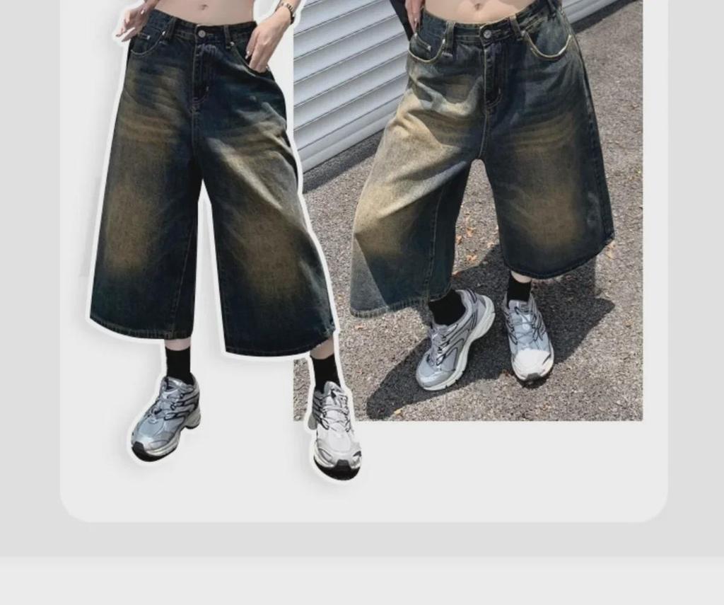 Unisex Retro Distressed Wide-Leg Denim Shorts - Washed, Loose, and Versatile Cropped Pants