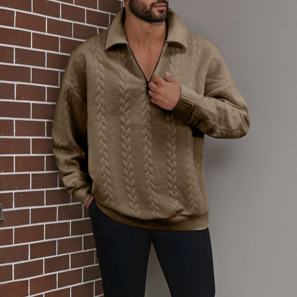 Men's Winter Half Zipper Solid Color Casual Tops Long Sleeve Round Neck Sweatshirt