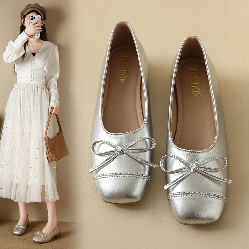 

Туфли-балетки в стиле ретро с мелким вырезом и плоской подошвой, женские новые осенние туфли Мэри Джейн с квадратным носком и бантом, женские 40 шампанского