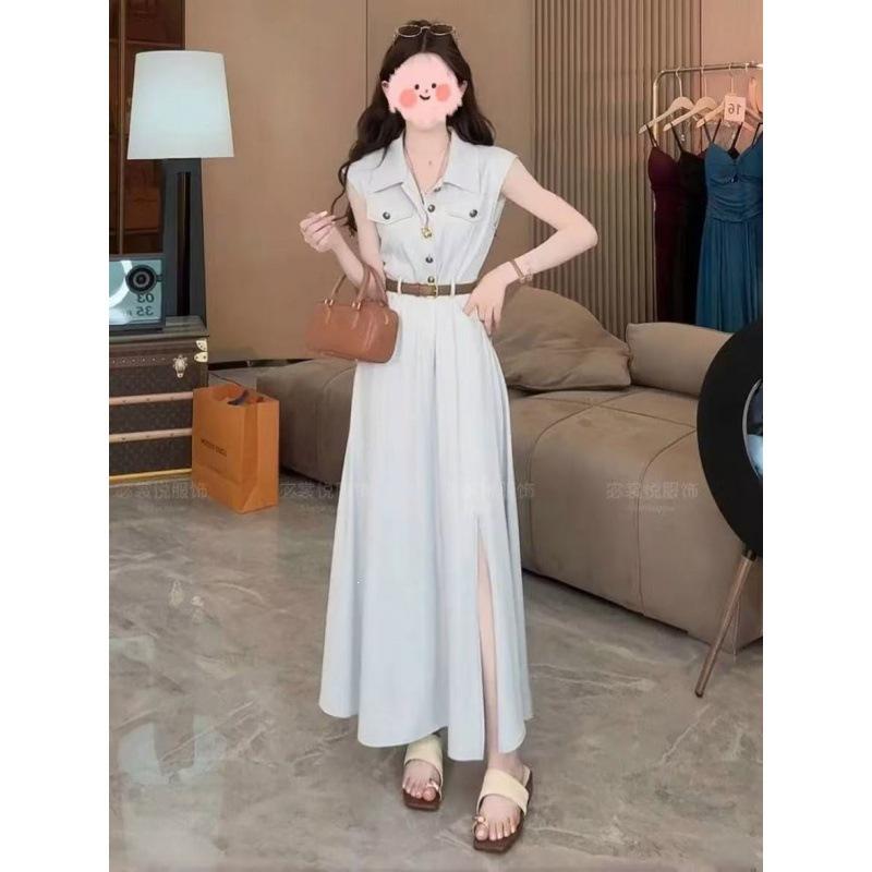 Huge good-looking dress summer Korean version of high-end waist display split-ended sleeveless shirt medium and long skirt