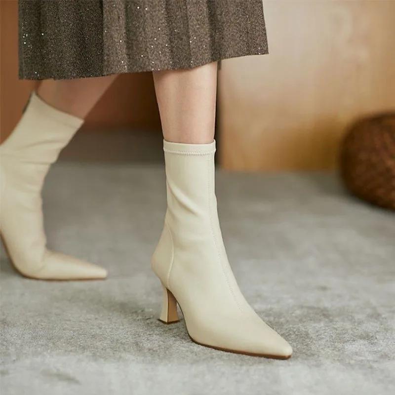 Fashion Women Pointy Brown Soft Leather Brown Elastic Boots Famele Stiletto Heels Shoes Ladies Ankle Boots Back Zipper Commuter Boots