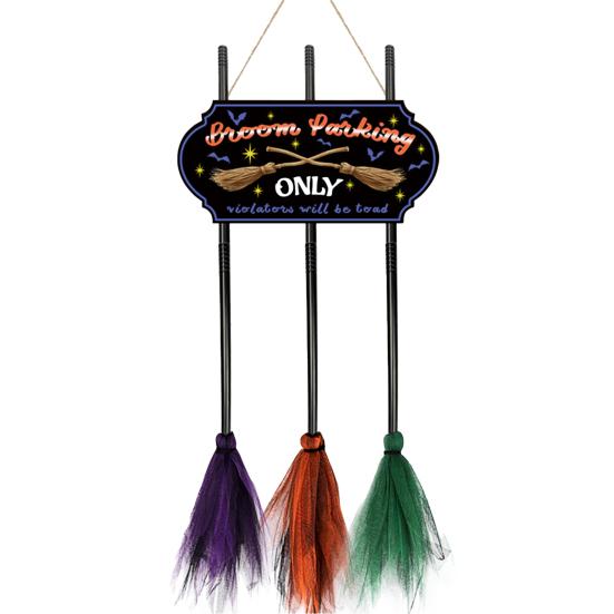 Hanging Broomstick Holiday Ornaments Halloween Broom Parking Sign with 3 Witch Brooms, Hocus Pocus Themed Wooden Sign, Yard And Porch
