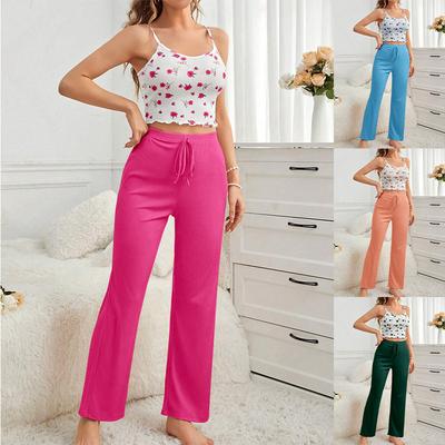 Summer Sling Pajamas Set Women Pants and Sleeveless Tops Set Round Neck Sleepwear Girls Flower Print Loungewear Homewear Pyjamas