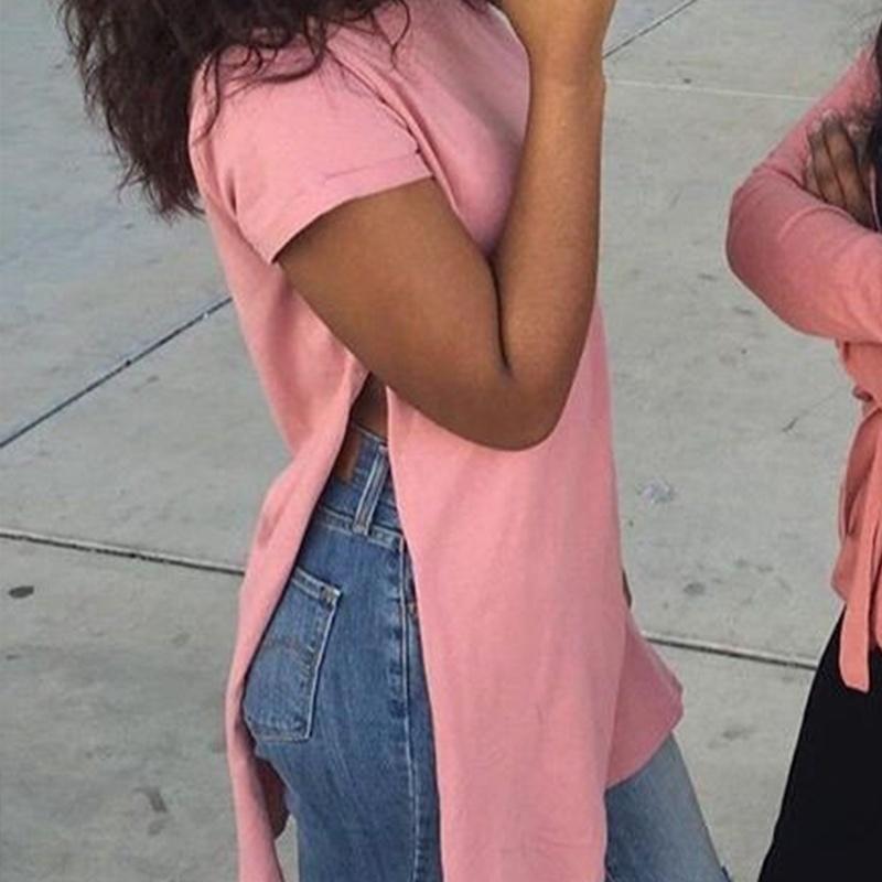 Women's Premium Quality Long T-shirt Round Neck Short Sleeve Split Tops Casual Dress