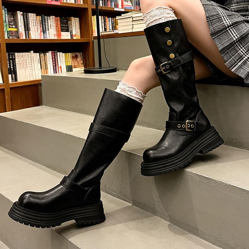 Black Retro British Style Thick Heel Platform Boots Women's 0000 Autumn and Winter New Boots Tall and Thin Knight Boots