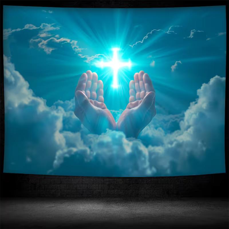 2D Christian Cross Photography Backdrop, Hands and Blue Sky Studio Background