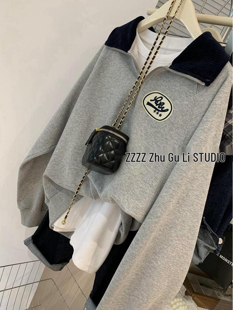 Plus Size Women's Polo Collar Half-Zip Sweatshirt - Loose Fit, Temperament-Enhancing Top