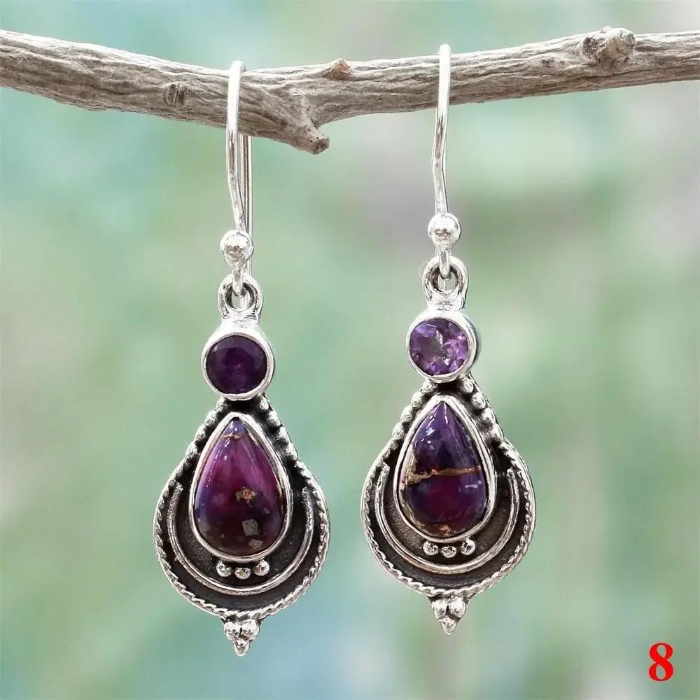 Women Natural Charm Multi-Gemstone Rainbow Moonstone & Peridot & Amethyst & Turquoise Pendant Earrings Vintage Jewelry