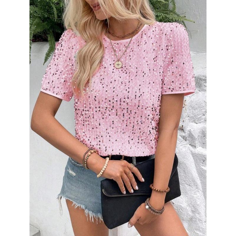 Top da Donna Rosa con Paillettes a Manica Corta Girocollo Casual da Festa Vestibilità Larga Camicetta Maglietta