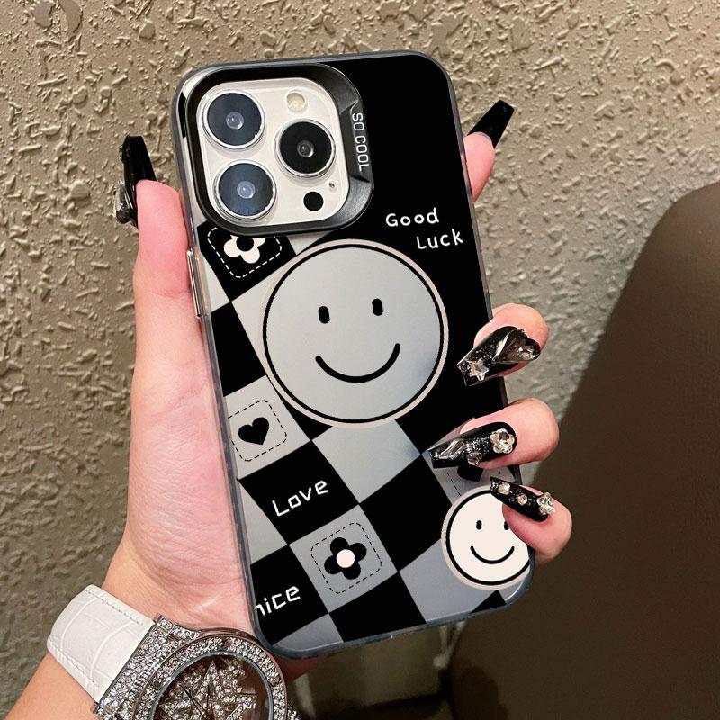 Black And White Plaid Print Smiling Face Laser Phone Case for iPhone 15 14 Pro Max Plus 16 17 Pro Max 13 12 Mini 11 Pro Max Case