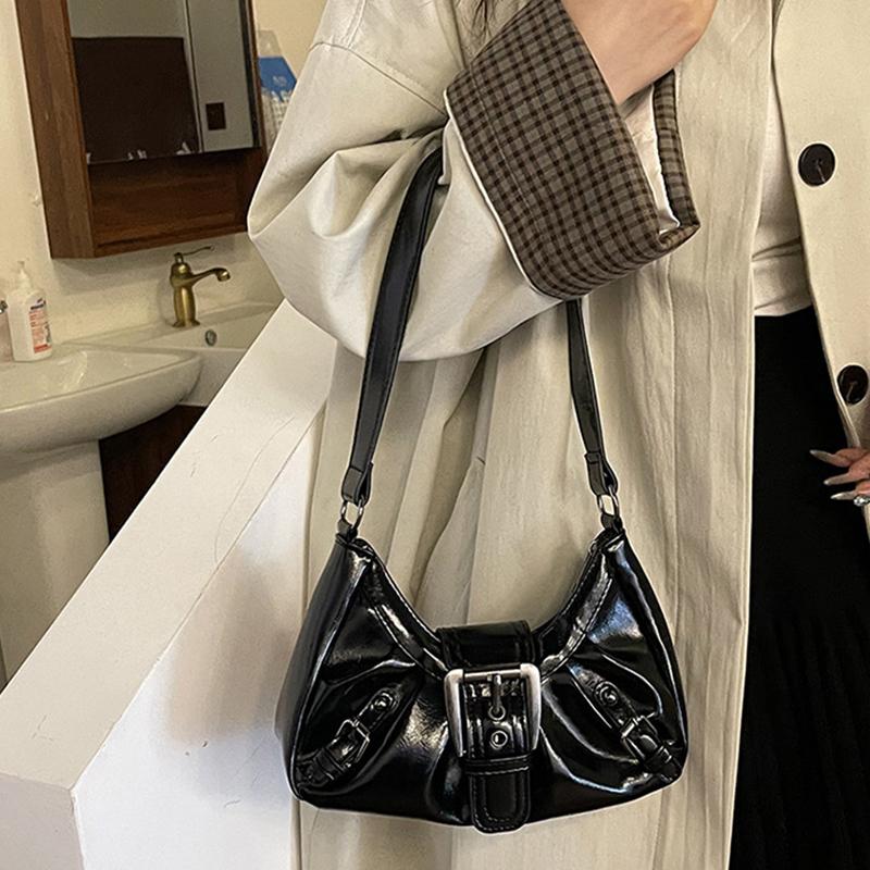 Yogodlns Vintage PU Leather Shoulder Bag for Women Y2K Spicy Girl Trend Maillard Style Underarm Bag High Quality Women Handbags