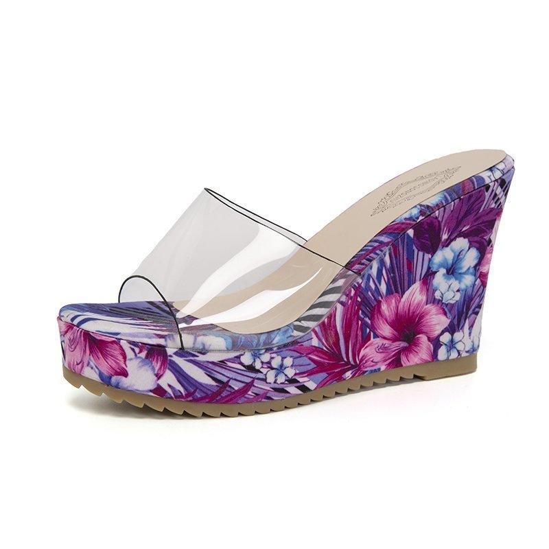 Fashion Printing Wedges High Heels Slippers for Women Gladiator Sexy PVC Transparent Peep Toe Ladies Slides Summer Retro Platform Sandal