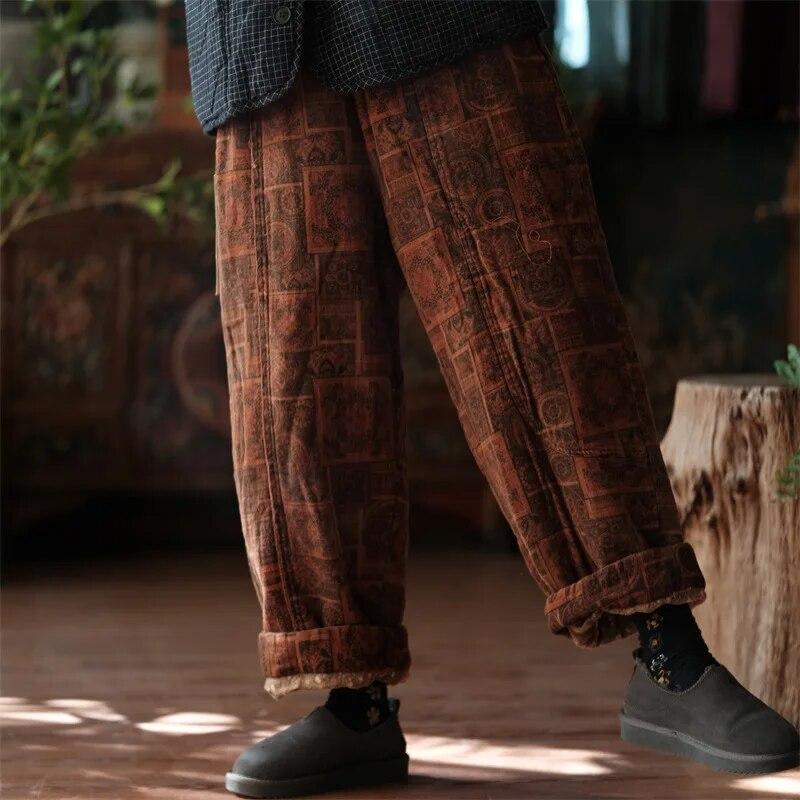 

Johnature женские винтажные широкие брюки с цветочным принтом, теплые зимние брюки с эластичной резинкой на талии, хлопковые женские свободные брюки One Size темный кофе