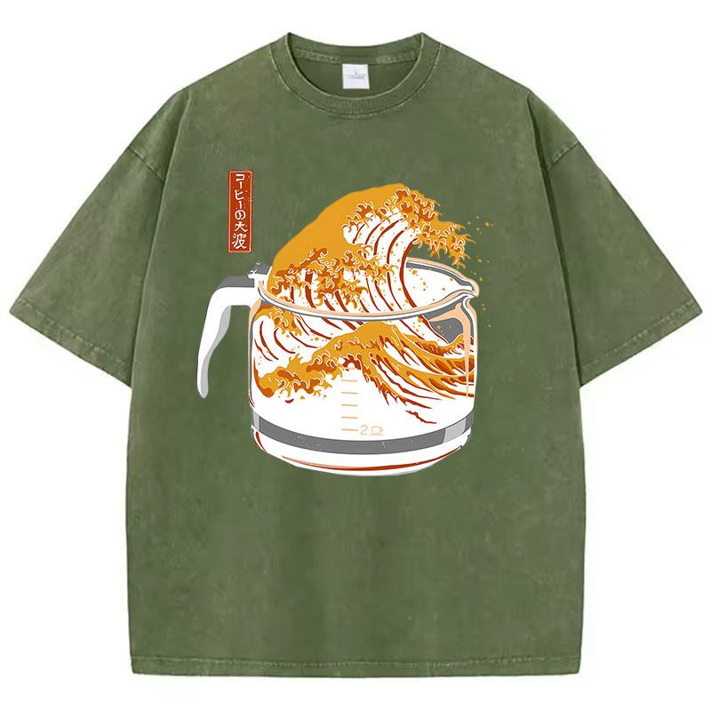 Retro T Shirt Vintage Washed Cotton T-Shirt Japanese Style Wave  Graphic Tee Casual Streetwear Spring Summer