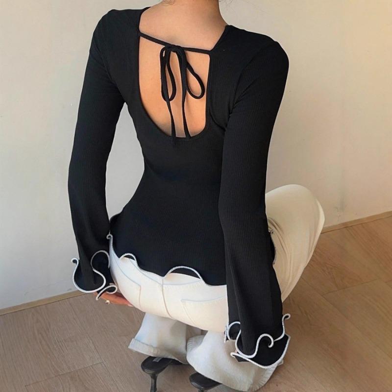 

Женская новая приталенная футболка с длинным рукавом, женский пуловер, базовая рубашка, свитер с контрастной отделкой «грибок» S чёрный