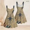 Women Plus Size Off Shoulder Strappy Sleeveless Dress Vintage Compass Star Printed Fitted Waist Flared Hem