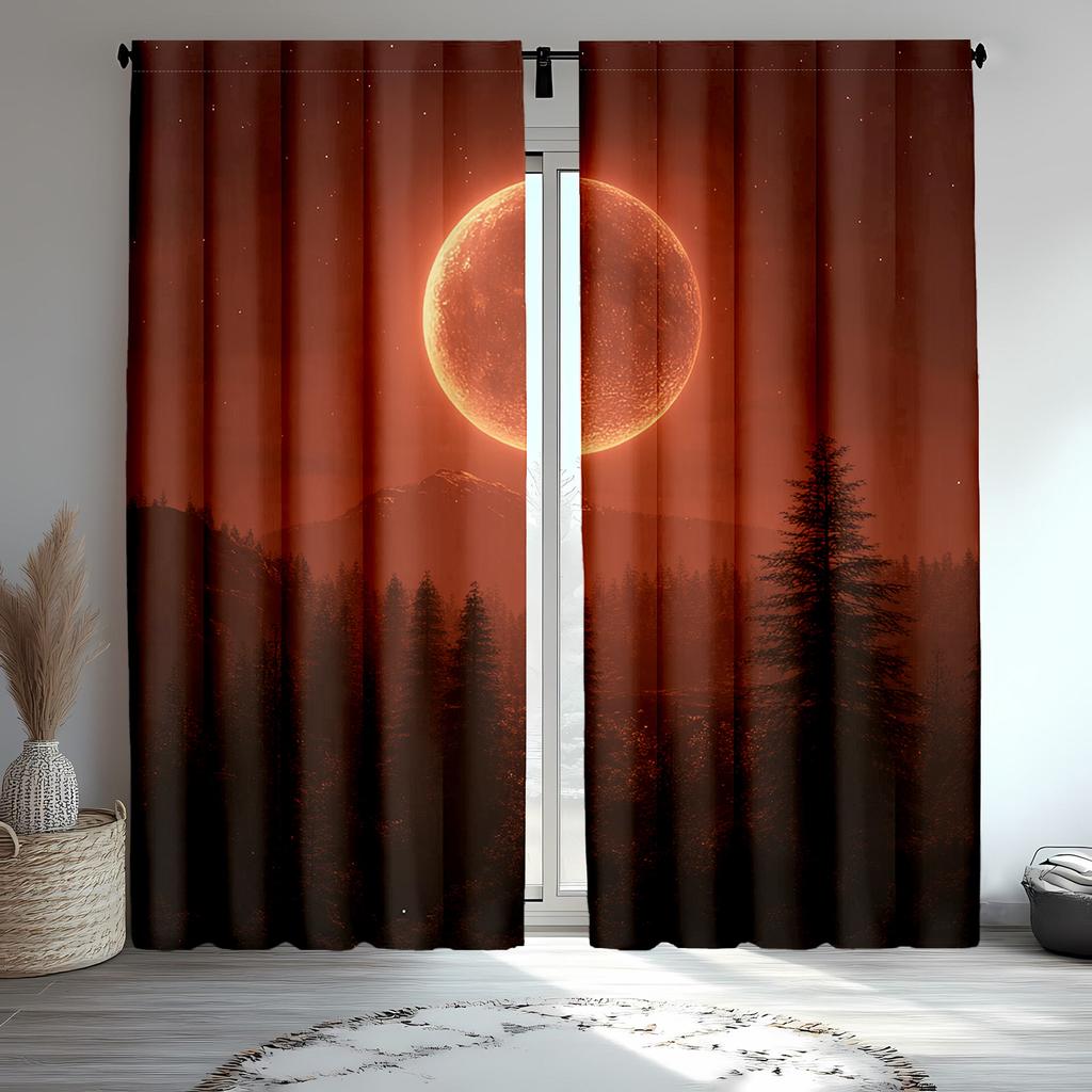 2pcs Abstract Moon and Forest Curtains with Full Moon and Colorful Landscape, Polyester