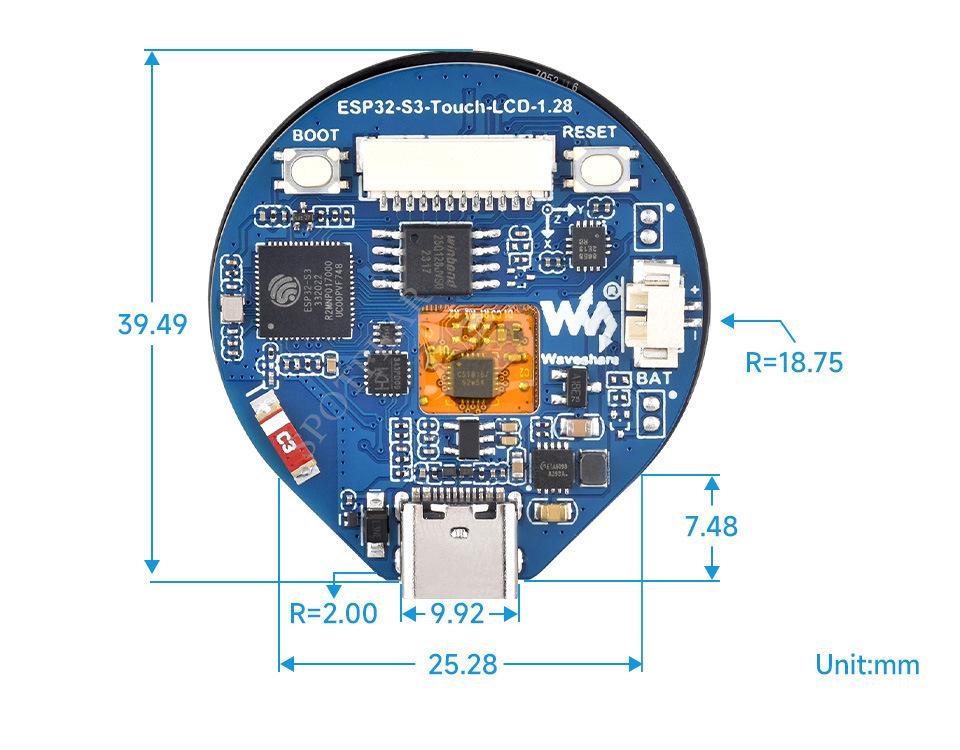 Placă de dezvoltare ESP32-S3 cu ecran tactil circular de 1,28 inch, cu accelerometru și giroscop.