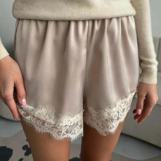 Summer Satin Lace-Trim High-Waisted Casual Shorts Extra Large