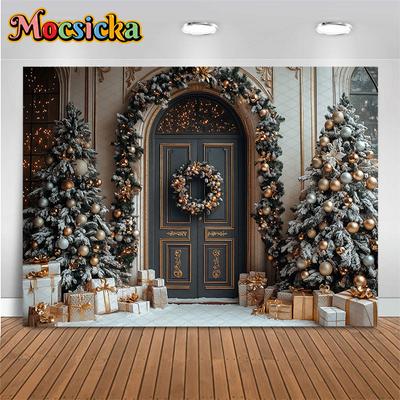 Mocsicka Christmas Photography Background Home New Year Snow Door Tree Decoration Winter Family Holiday Party Backdrop Wallpaper