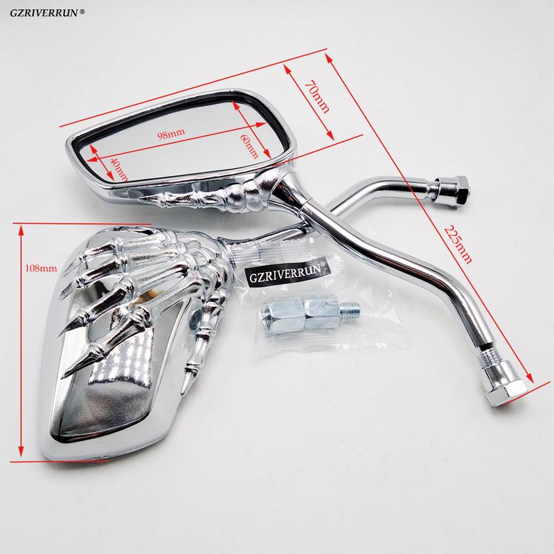 Chrome Motorcycle Handlebar Mirrors Skull Hand M10 M8 Thread Adapters Universal for Scooter Moped ATV Accessories Skeleton