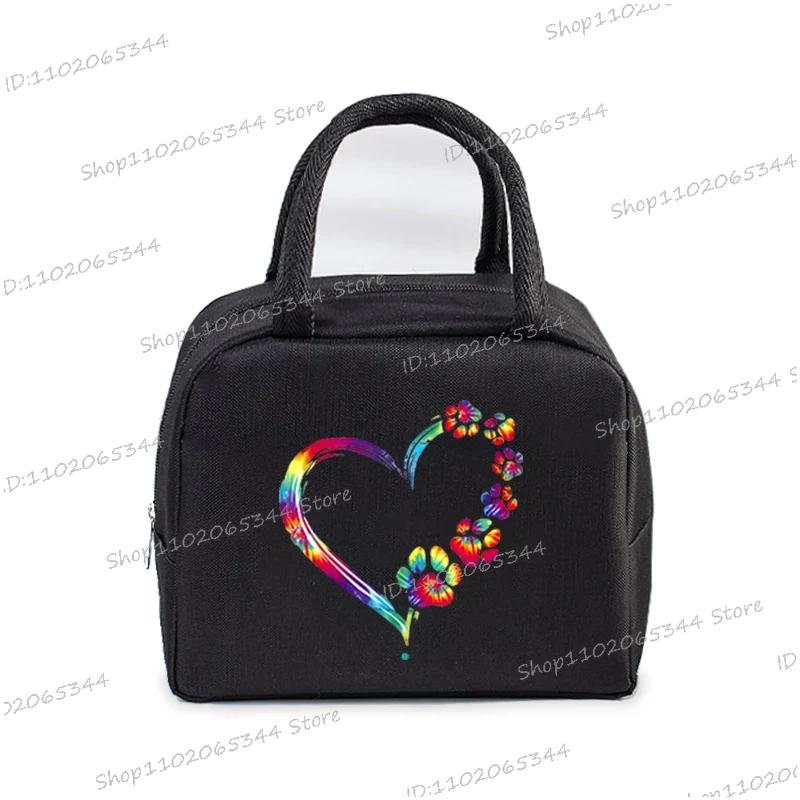 Colour Heart Cat Dog Paw Print Portable Lunch Bag Women Men Kids Food Thermal Box Multi-function Office Bento Insulated Handbag