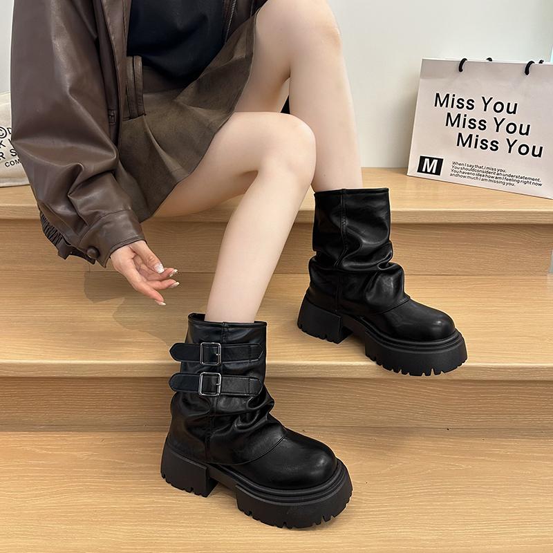 Winter Platform Thick Sole Woman Ankle Boots Design Belt Buckle Slip On Shoes Punk Style Leather Knight Short Bottes Femmes