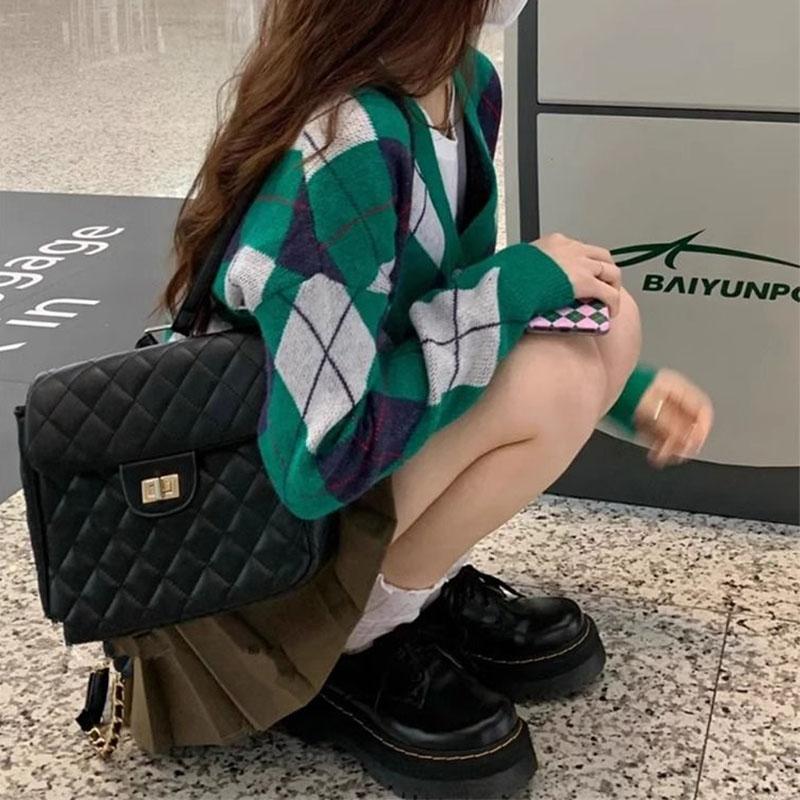 Sweet Preppy Style Sping Autumn New Sweaters Coats Women V-Neck Lingge Contrast Color Button Long Sleeve Cardigan Knitted Tops