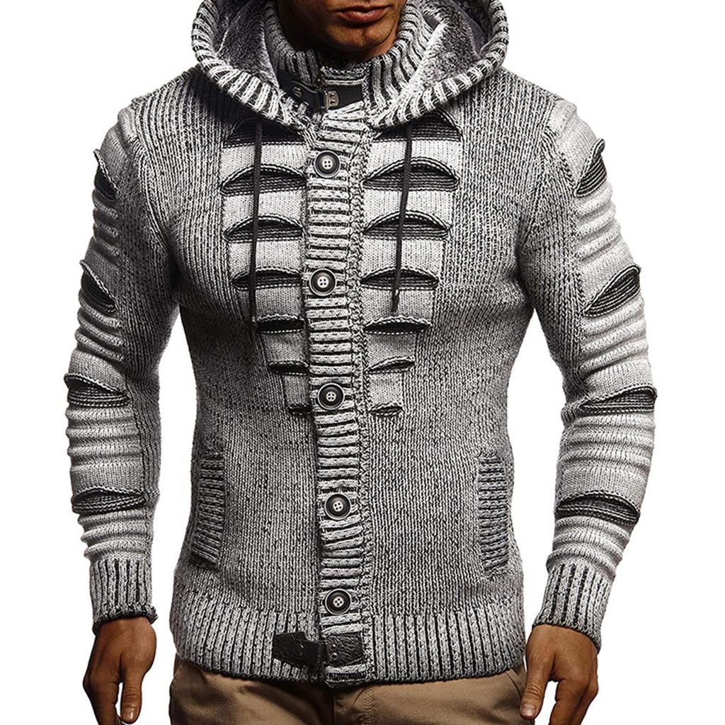Men's Solid Color Button Sweater Men's Hooded Knitted Fleece-lined Cardigan Jacket
