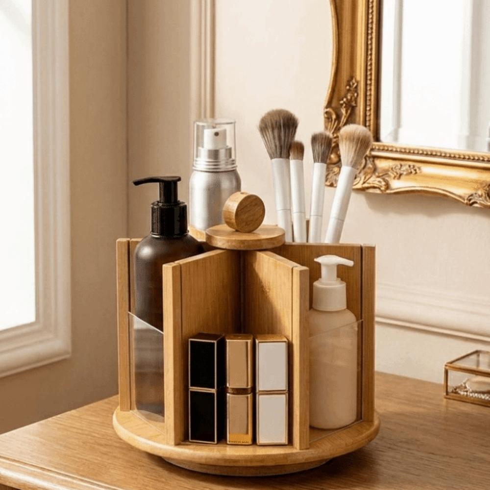 Bamboo Rotating Cosmetic Storage Box Multi-Compartment Large Capacity Cosmetic Display Rack Space Saving Makeup Organizer