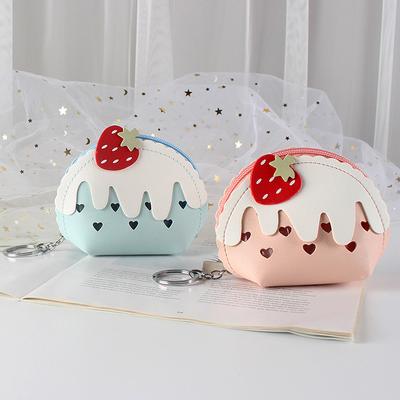 Girl's PU Leather Cartoon Strawberry Cake Heart Pattern Coin Purse Mini Cute Wallets With Keychain Outdoor Money Cards Storage Handbags