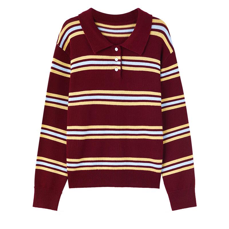 Qiushui Yiren Women's Striped Polo Collar Knit Sweater