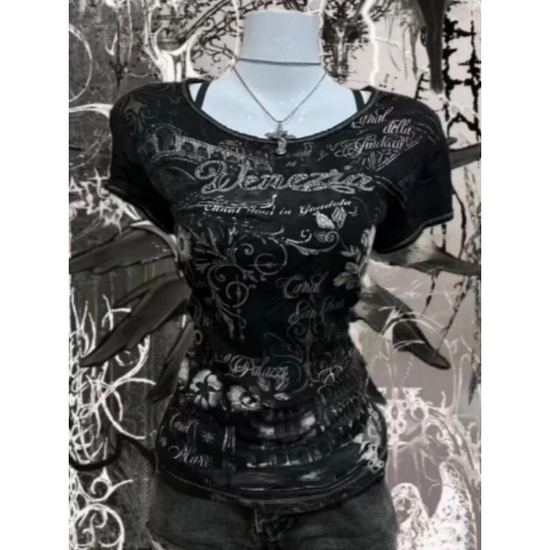 

Американская винтажная футболка Y2K в стиле панк-рок с кристаллами и стразами, с коротким рукавом, женская, 2000-е, облегающая, сексуальная, повседневная, модная, летняя одежда, Инс S чёрный