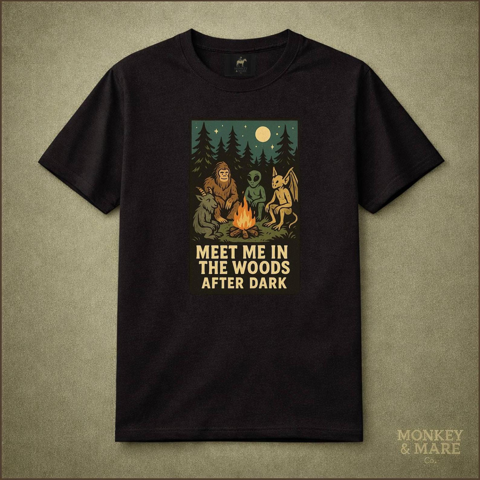 Cryptid Campfire Shirt, Meet Me In The Woods After Dark, Witchy Forest Creature Tee L