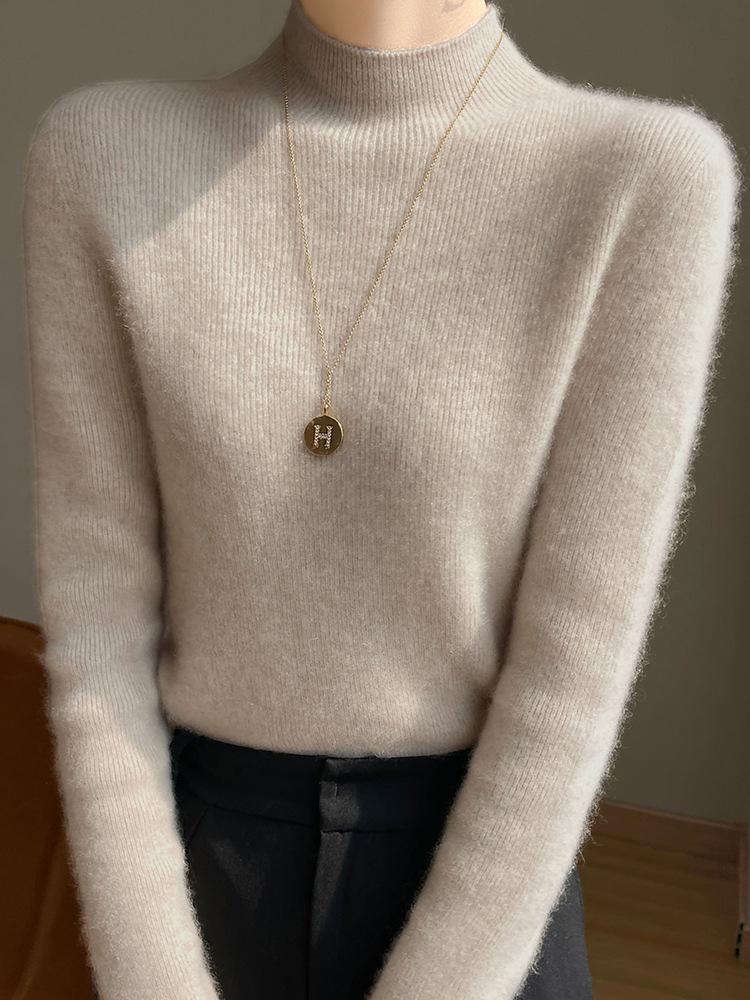 Women's Slim Fit Wool Sweater - Half-High Neck, Long Sleeve, Warm Autumn Winter Knit Base Layer