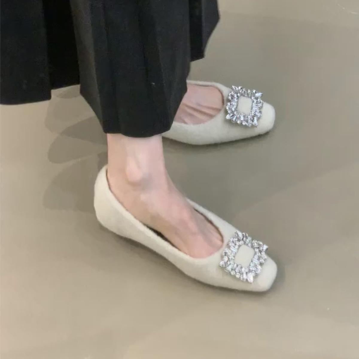 French temperament rhinestone square buckle with velvet inner height increase single shoes shallow mouth and one pedal commuter shoes 40 абрикосовый 3390₽