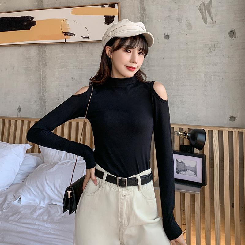 Women's Black Off-Shoulder Slim Fit Long Sleeve Korean Style Top