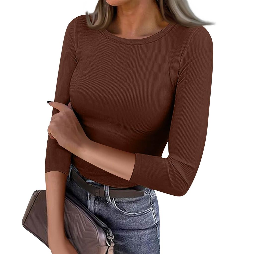 Women's Slim Bottom T-shirt Fashion Casual Color Round Neck Pullover 3/4 Sleeve Top