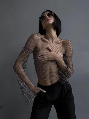 Top da Donna a Manica Lunga in Rete con Strass High-End Europeo e Americano