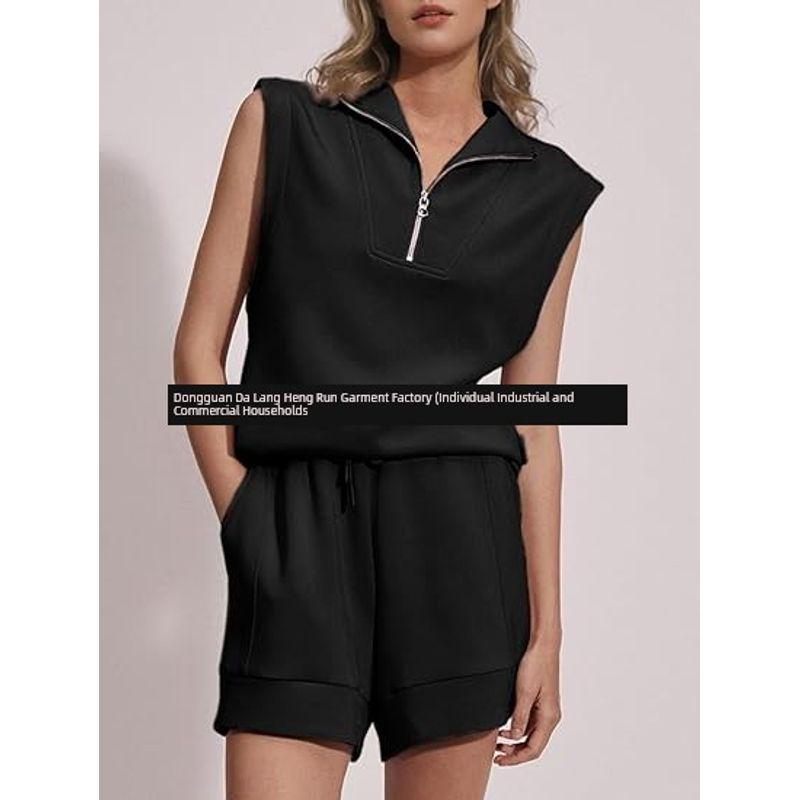 

. 2024 Summer Cross-Border Women s 2-Piece Sports Suit Casual Zipper Tops High Waist Shorts Black M