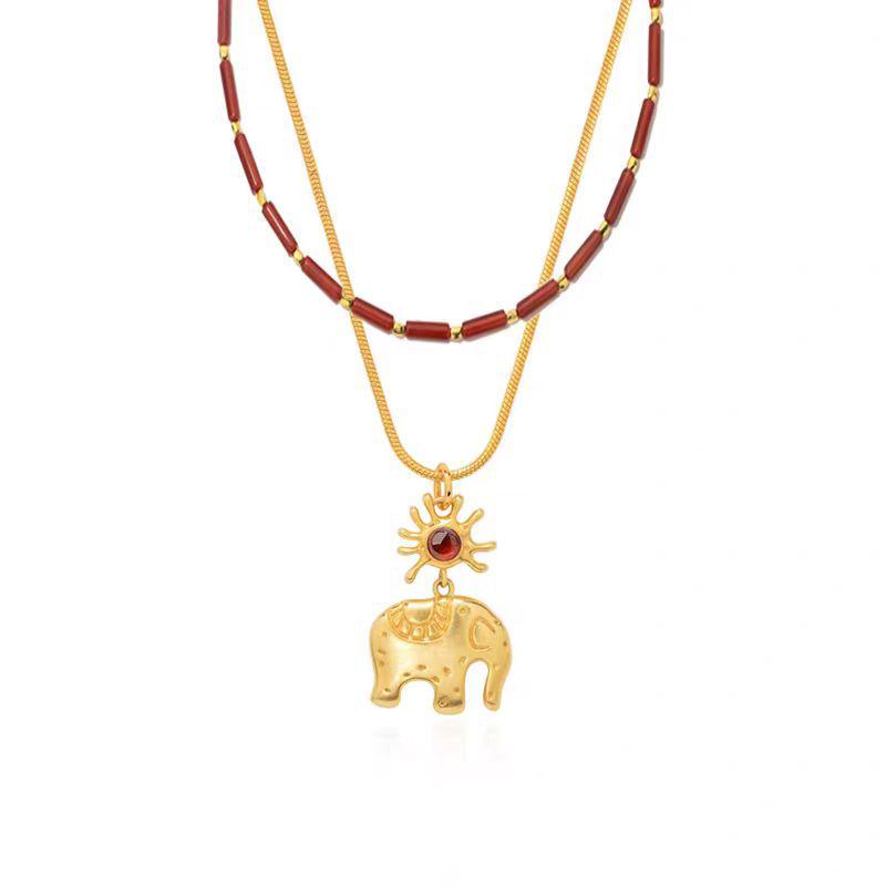 Women's 18K Gold Red Agate Elephant Pendant Necklace - Versatile, Simple Chain with Auspicious Rainbow Design